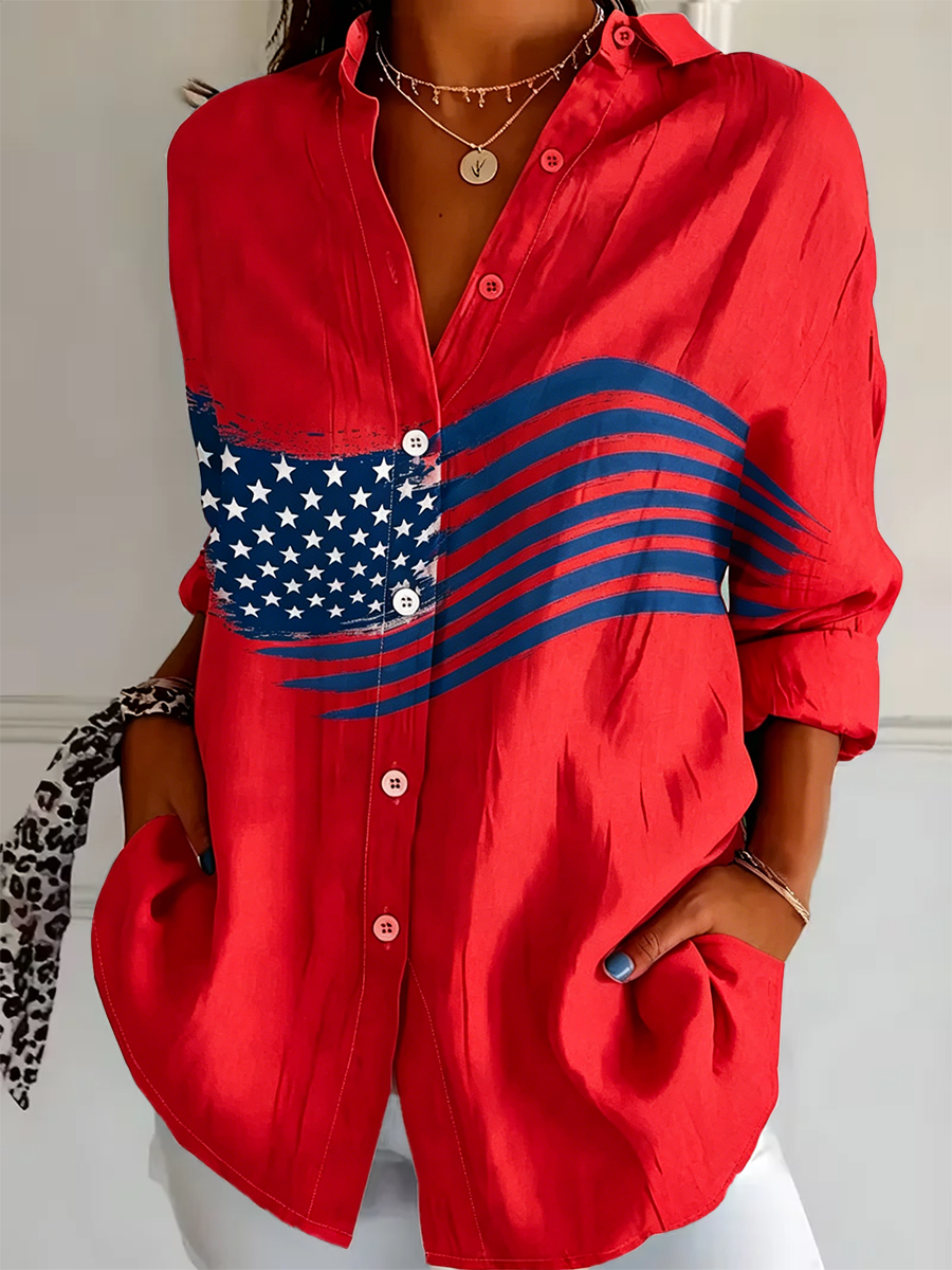 Shirt Collar Regular Sleeve Long Sleeve America Flag Buckle Regular Loose Button Up Shirt Shirt For Women