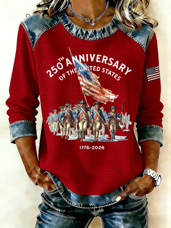 Ladies' Leisure 250Th Anniversary Celebration Splicing Color Contrasting Long Sleeve T-Shirt