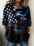 Women'S American Flag Printed Cotton And Linen Casual Top