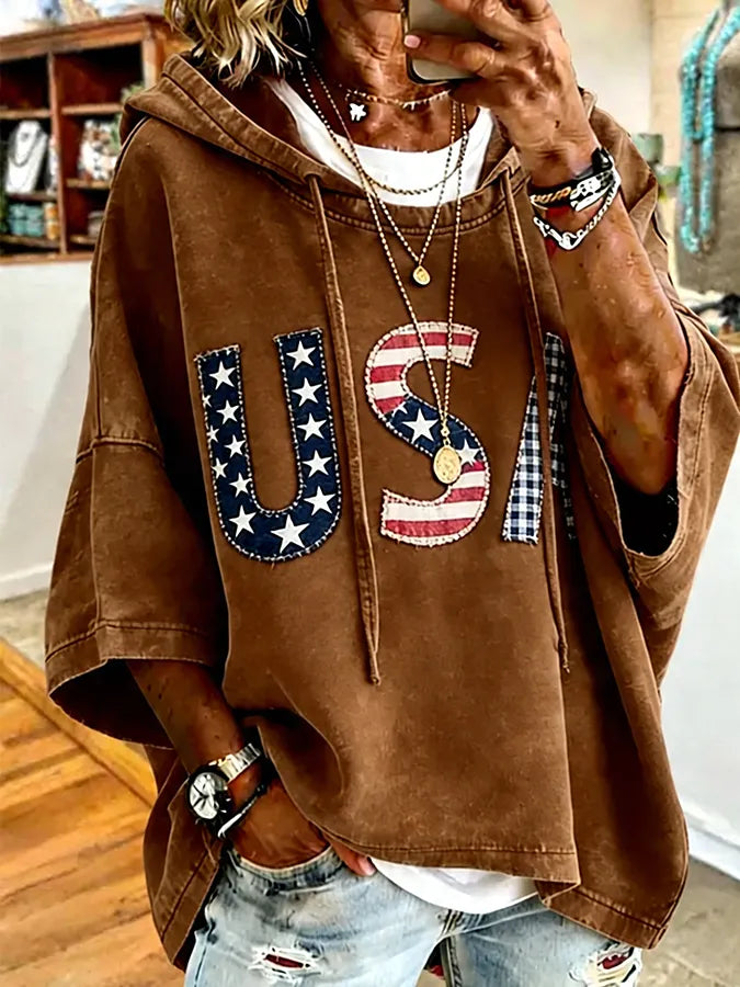 Patriotic Red USA Star Stripe Applique Oversized Hoodie