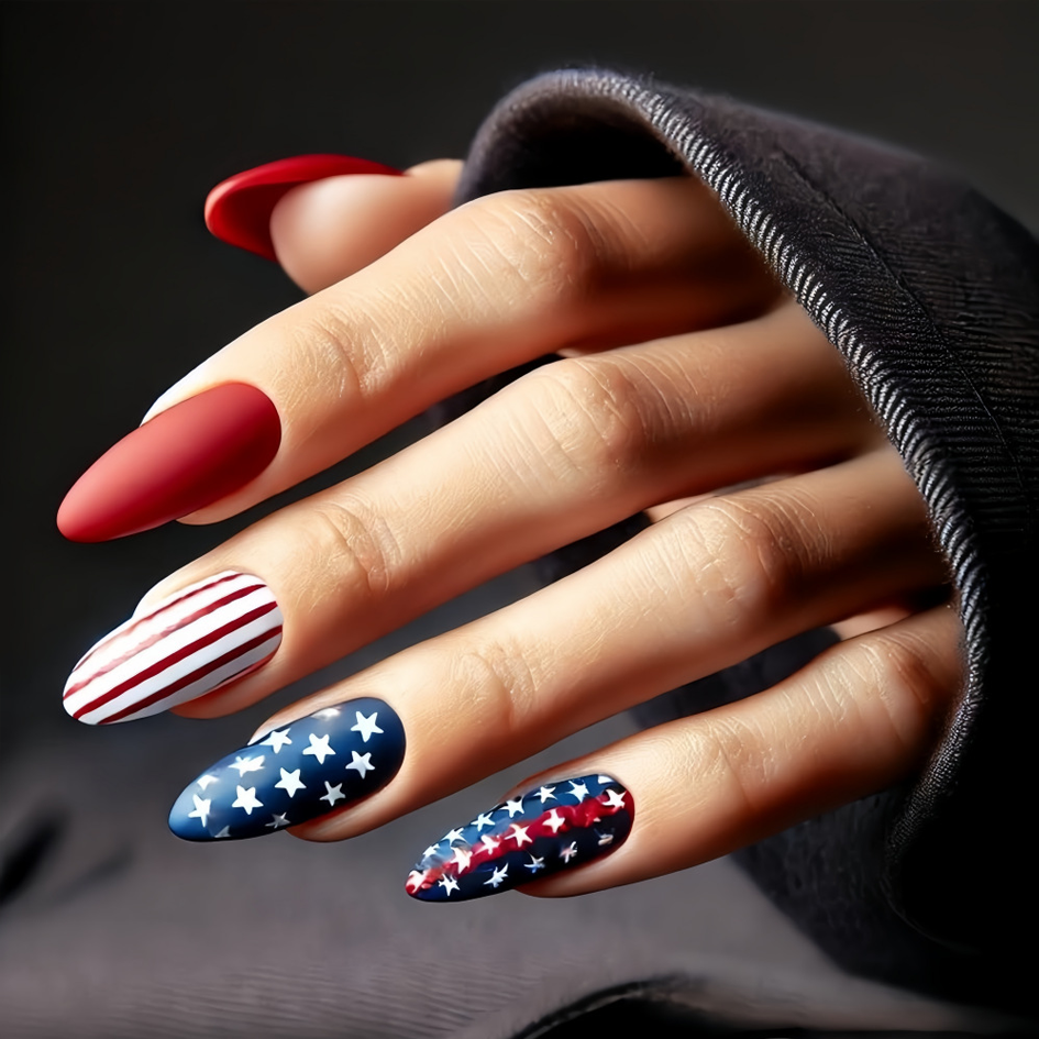 Red, White, And Blue Star Pattern Matte Water Drop Shape Fake Nail