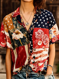 Shawl Collar Short Sleeve Independence Day (Flag) Lightweight Regular Fit Shirt For Women