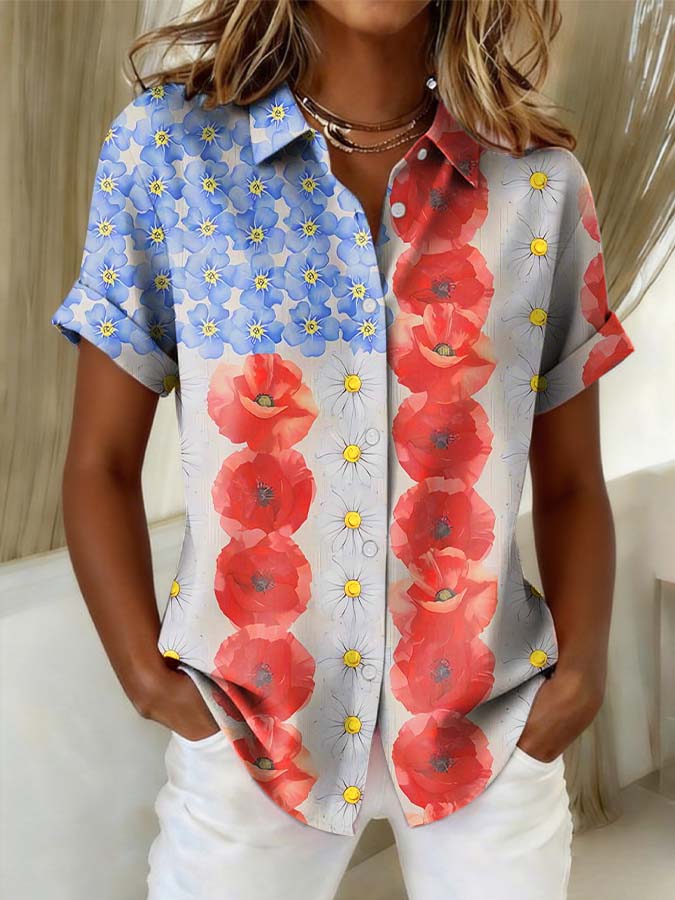 Women'S Independence Day Patriotic American Flag 250Th Anniversary Button Short Sleeve Shirt
