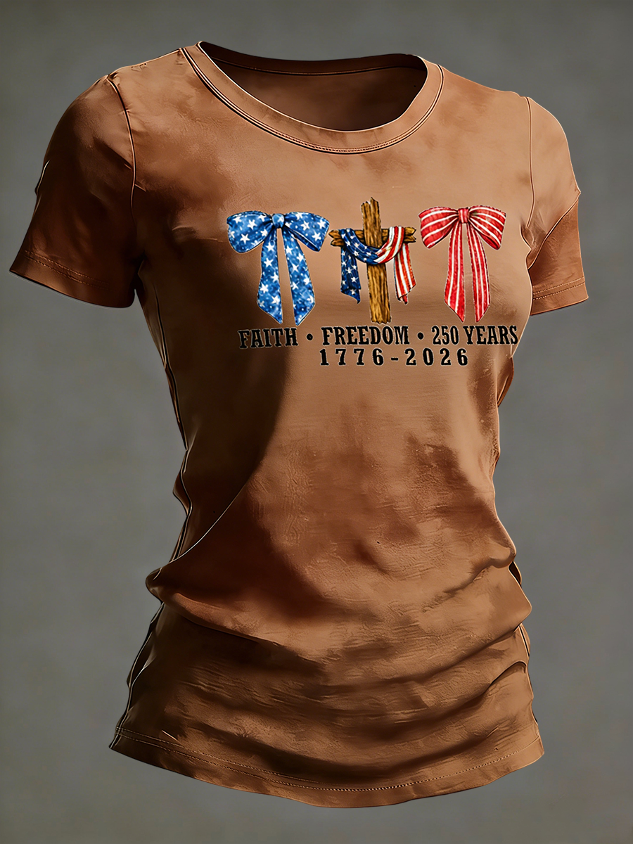 Faith Freedom Patriotic Cross American Flag Bow T-shirt