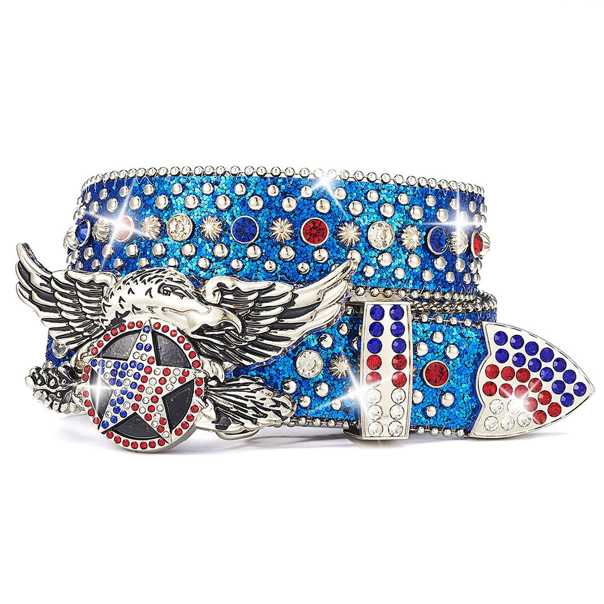Unisex Independence Day Star Eagle Full Diamond Metal Buckle Belt