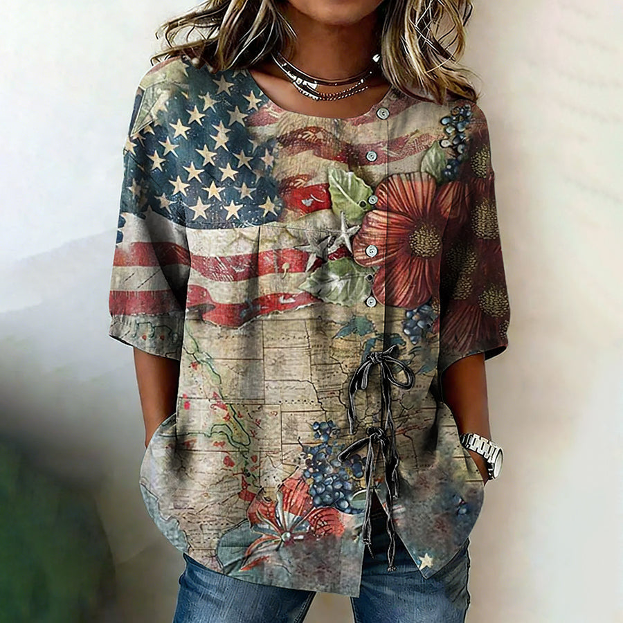 Women'S American Flag Printed Cotton And Linen Casual Top