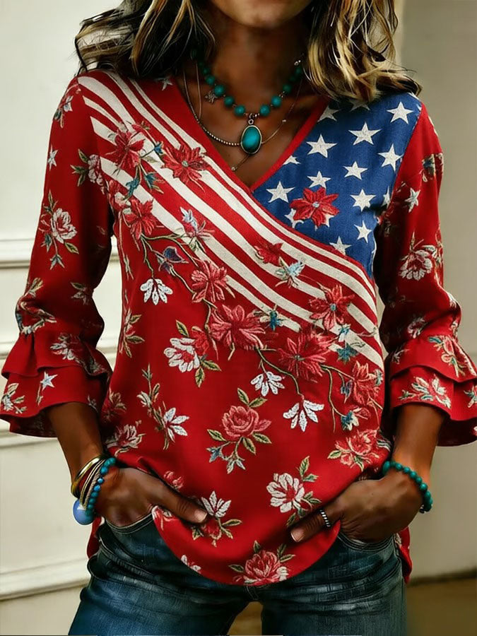 Women'S Cotton And Hemp American Independence Day 250Th Anniversary Printed Casual Top