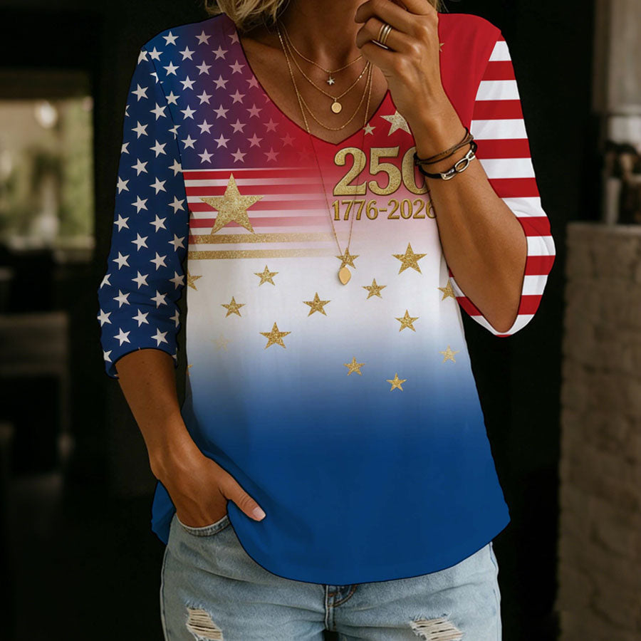 Women'S Independence Day 250Th Anniversary Founding Commemorative Print V-Neck Five Point T-Shirt