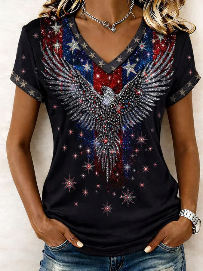 Women'S Retro Casual American Independence Day 250Th Anniversary Flag Printed V-Neck Short Sleeved T-Shirt