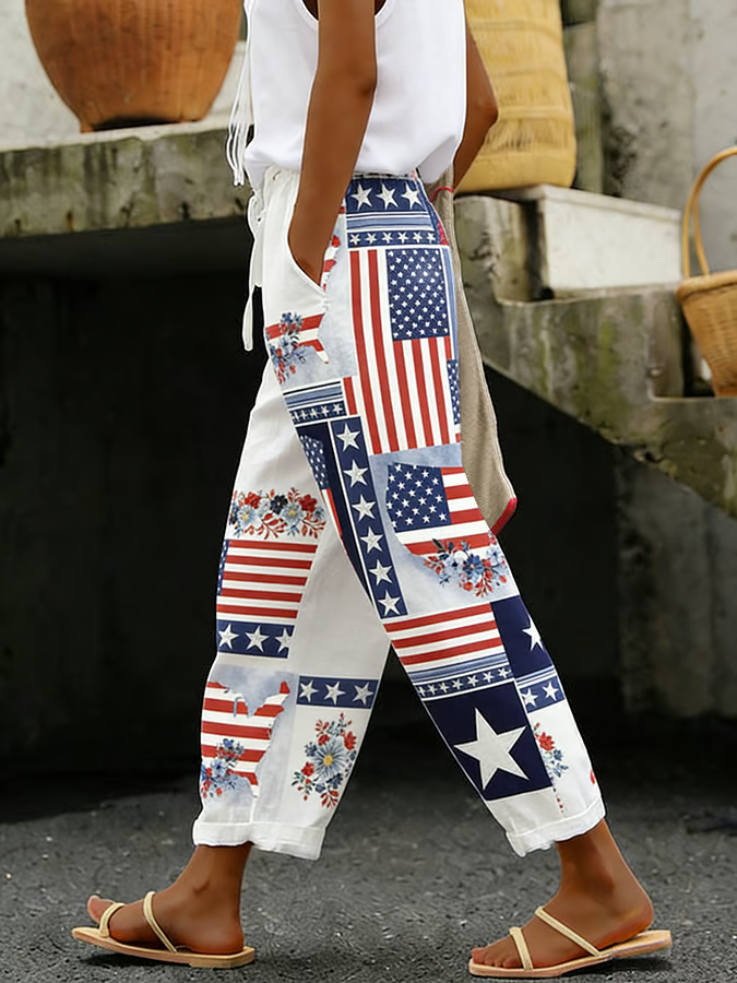 Women's Cotton Linen Patriotic Print Casual Cropped Trousers