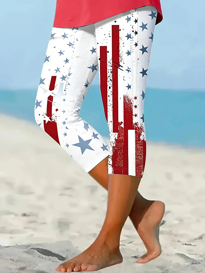 Vintage America Flag Printing Capris Leggings