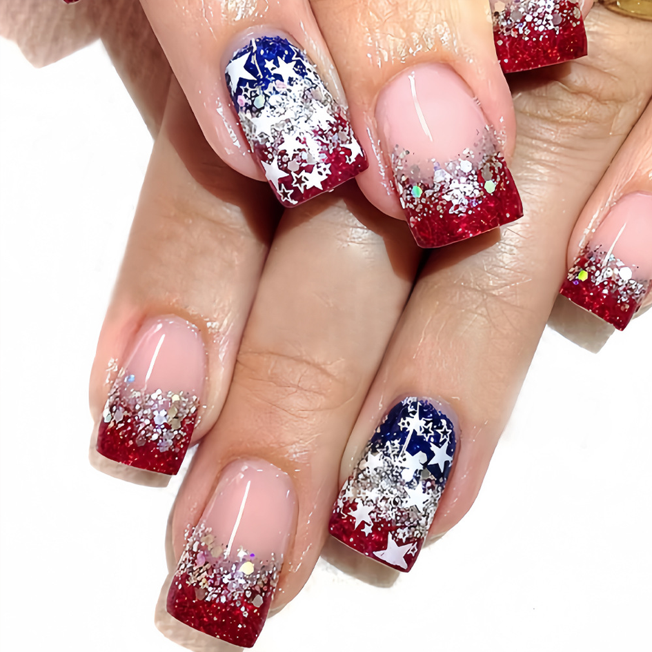 Red, White And Blue Star-shaped Pattern False Nails