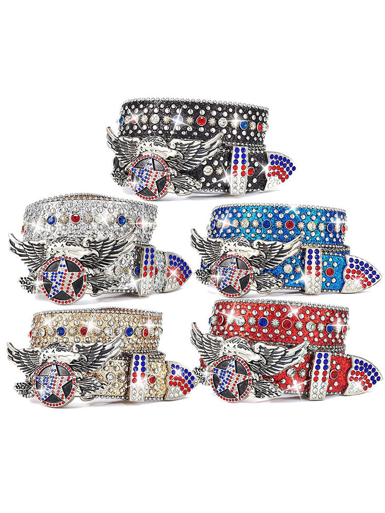 Unisex Independence Day Star Eagle Full Diamond Metal Buckle Belt