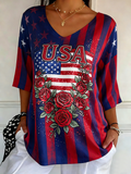 Women's Patriotic USA Rose & American Flag Stripe V-Neck Top