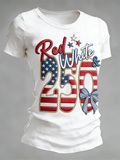 Red and White 250 Patriotic Embroidery Anniversary Commemorative T-shirt