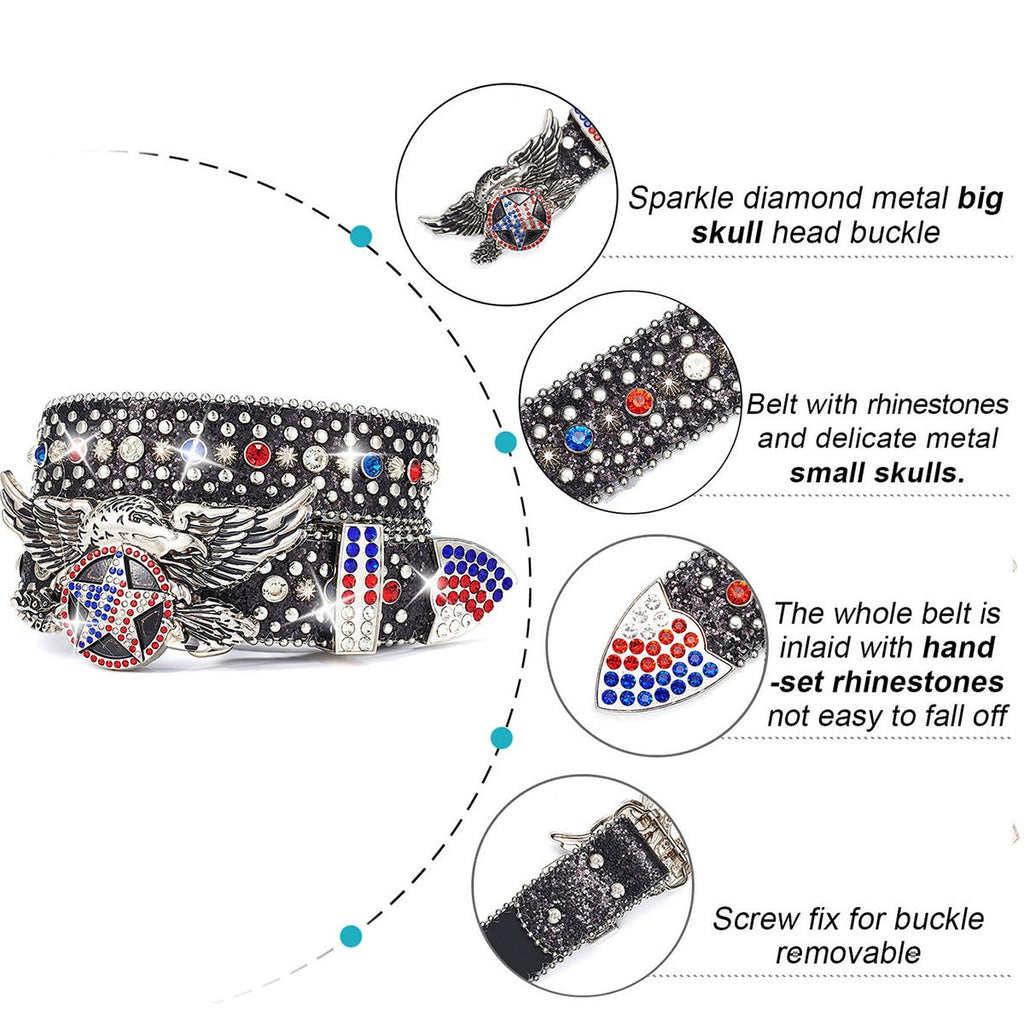 Unisex Independence Day Star Eagle Full Diamond Metal Buckle Belt